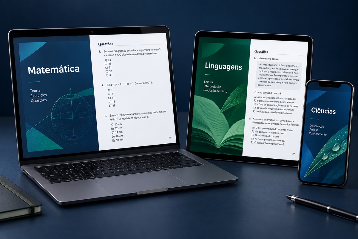 Representação ilustrativa de apostilas digitais em notebook, tablet e celular