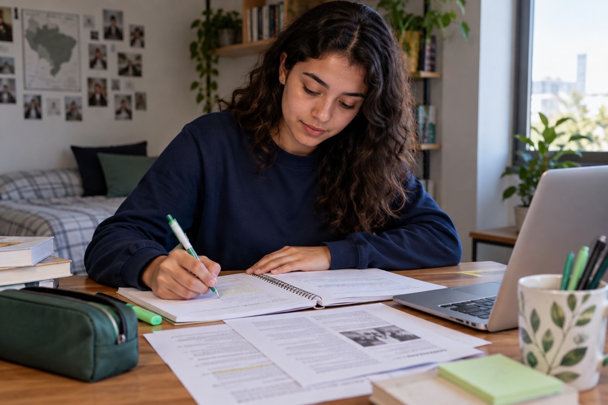 Estudante escrevendo em um caderno durante sua preparação